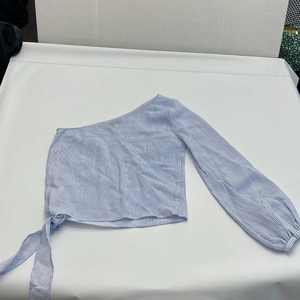 L’ Academie romantic sleeve blue & white pinstripe shirt size S - Picture 8 of 16